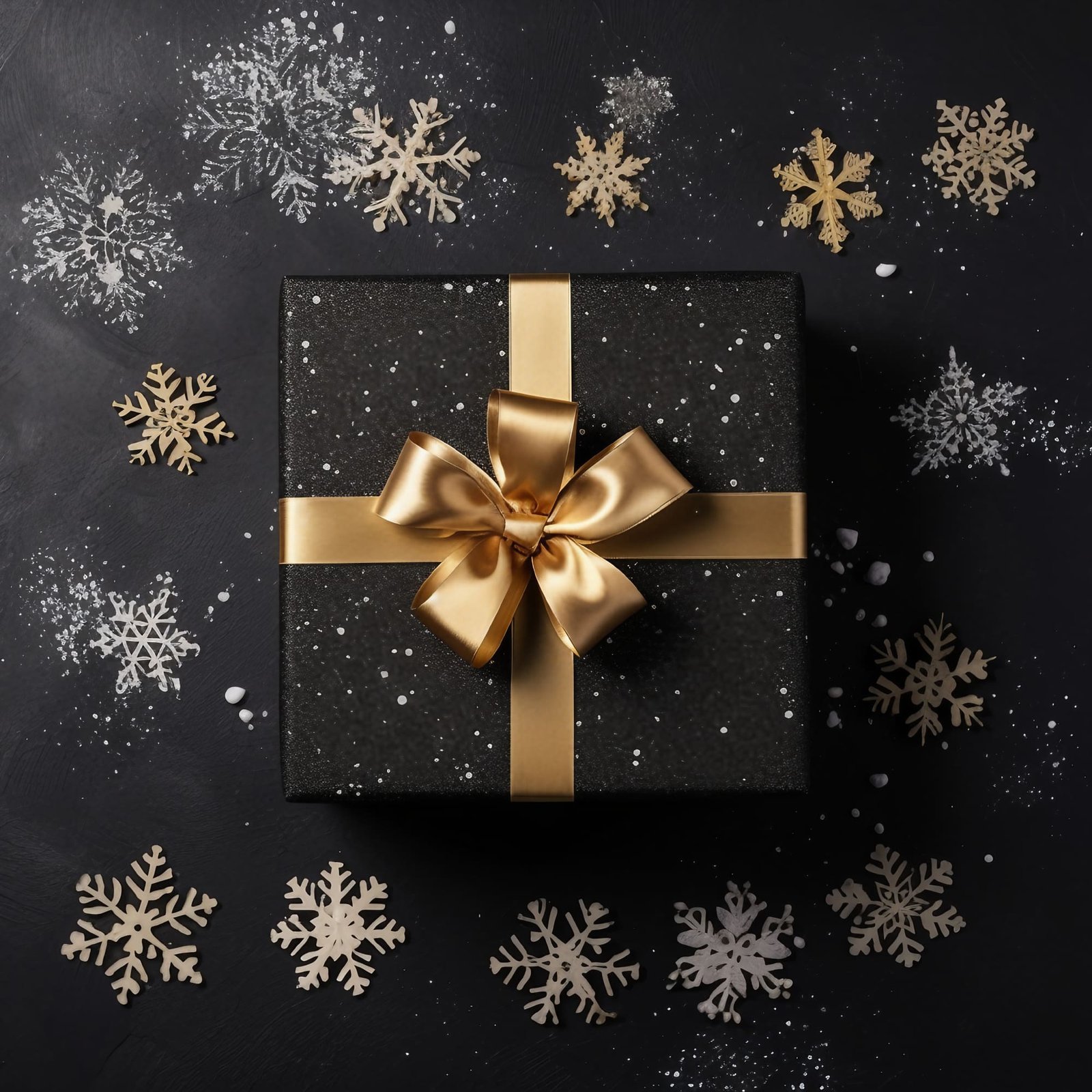 In this stock photo, you get a bird’s-eye view of a Black Friday Christmas gift box paired with a shimmering golden snowflake