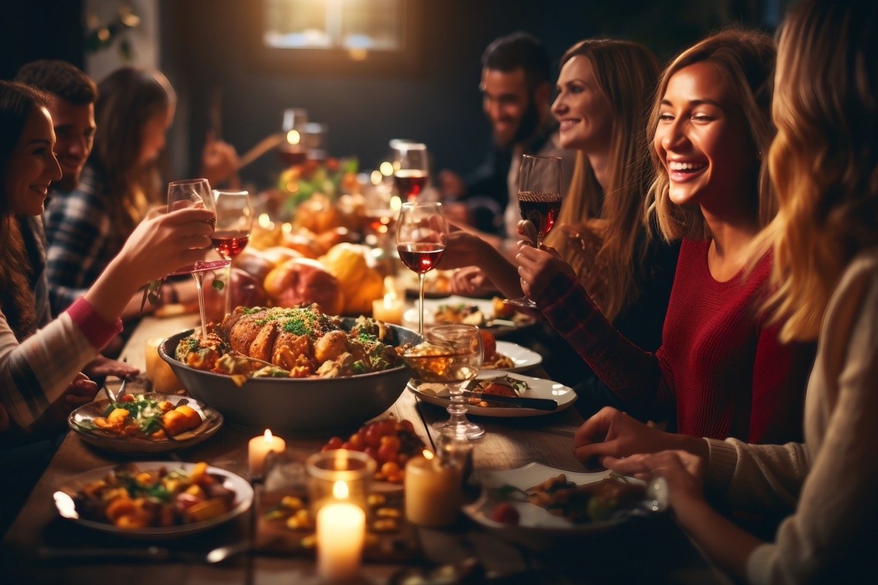 Joyful Thanksgiving Celebration Stock Photo – Family and Friends Talking and Celebrating