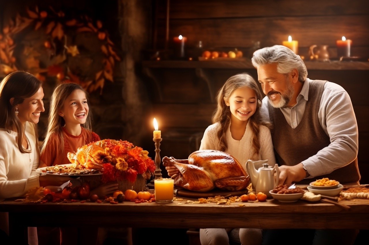 Joyful Thanksgiving Dinner Celebration Stock Photo – Festive Family Gathering Image