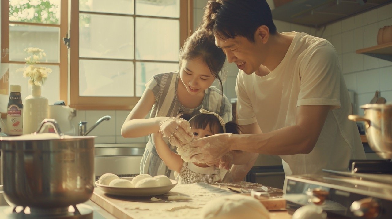 LGBTQ Couple Enjoying Parenting Time in Kitchen – Family Baking Activity Stock Photo