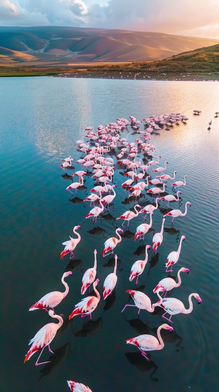 Lake Yarışlı, Turkey – Stock Photo of Flamingos Feeding from Drone Perspective