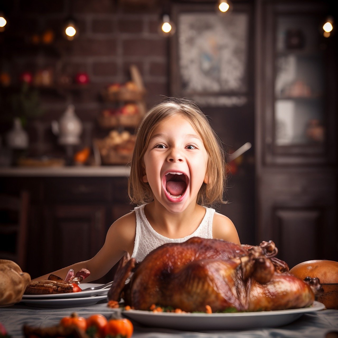 Little Girl Enjoying Thanksgiving Dinner Stock Photo – About to Bite Roasted Turkey