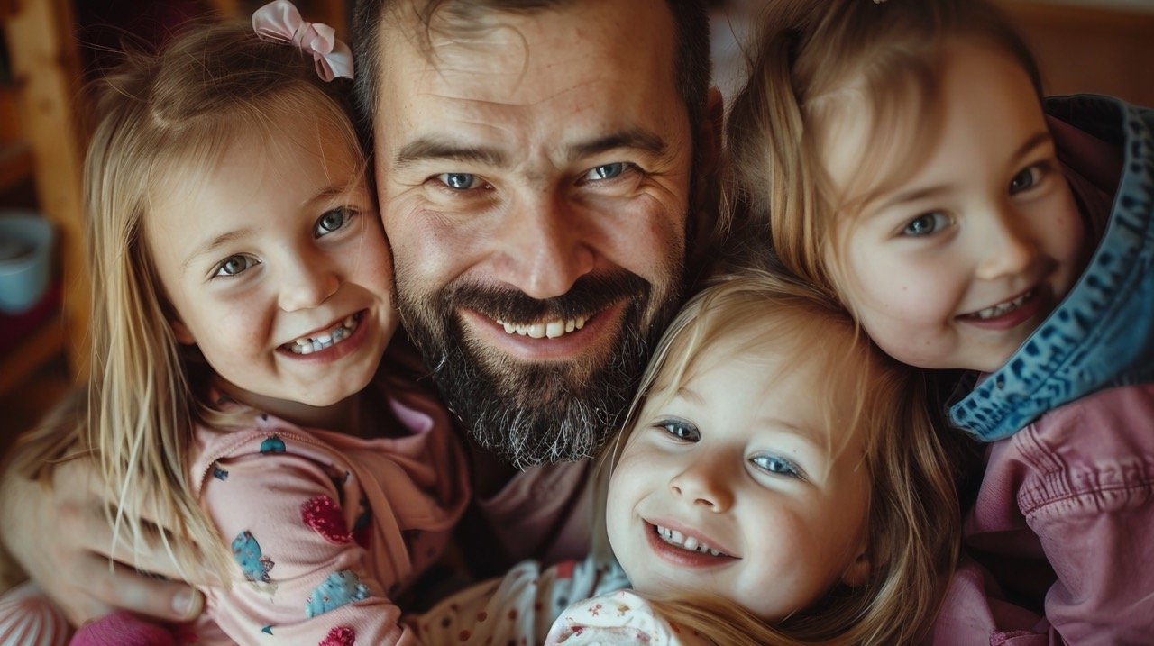 Loving Father with Three Daughters Playing Together Indoors – Family Bonding Stock Photo