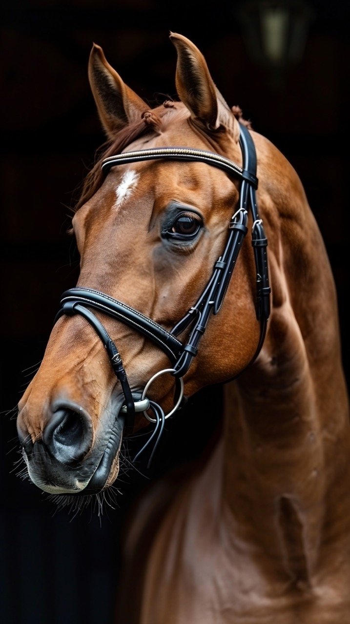 Majestic Horse Portrait High-Quality Stock Photo of Elegant Chestnut Gelding in Bridle on Black Background