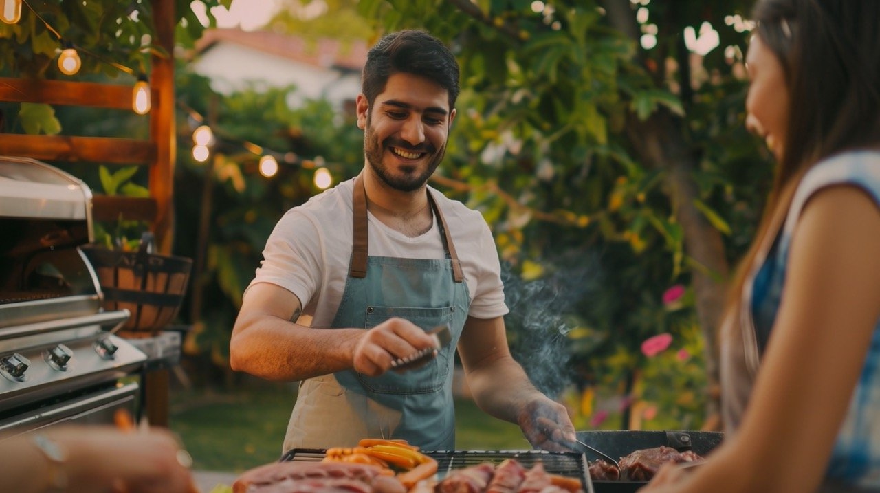 Male Serving Meat to Friend During Asado – Stock Photo of Celebration in Backyard