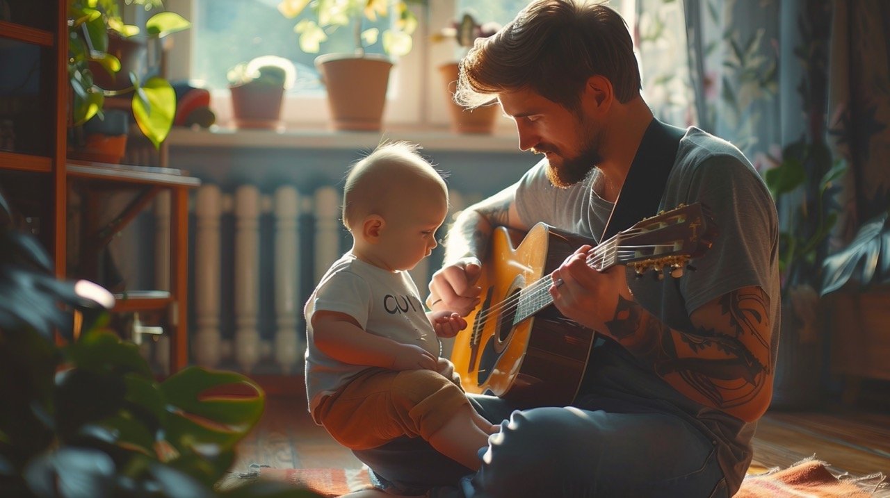 Man Playing Guitar While Holding Baby – Joyful Fatherhood Stock Photo