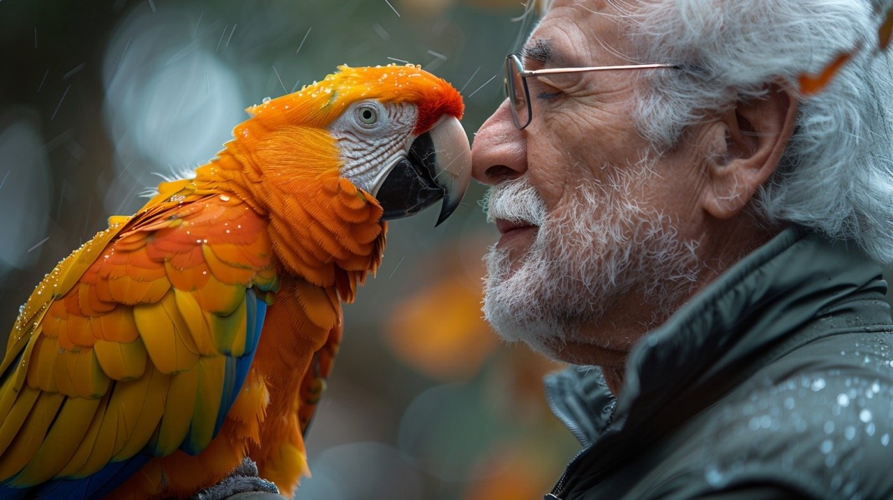 Man and Golden Parakeet Captivating Stock Image with Medium Close-Up