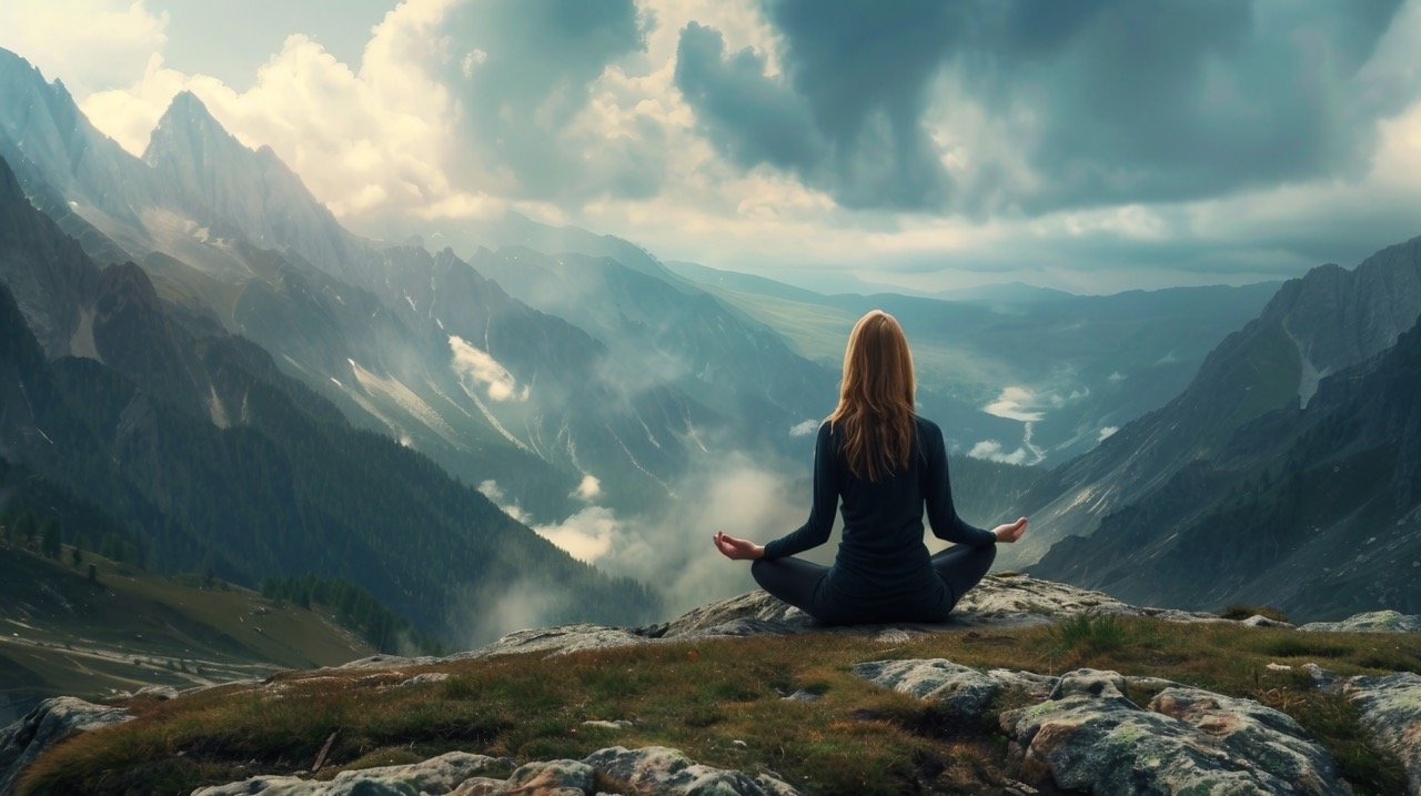 Meditation in Cloudy Mountains – Stock Photo of Yoga Session with Young Woman