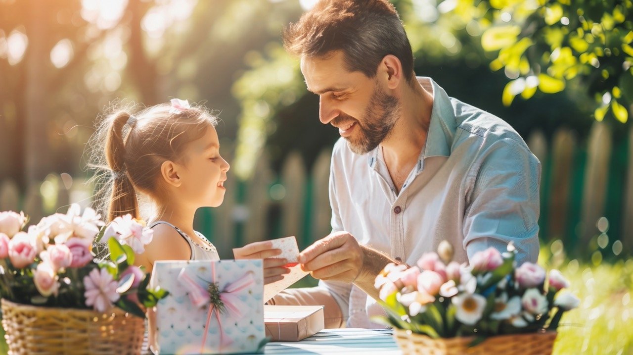 Mid-adult Caucasian Father Opens Gift Outdoors – Family Celebration Stock Photo