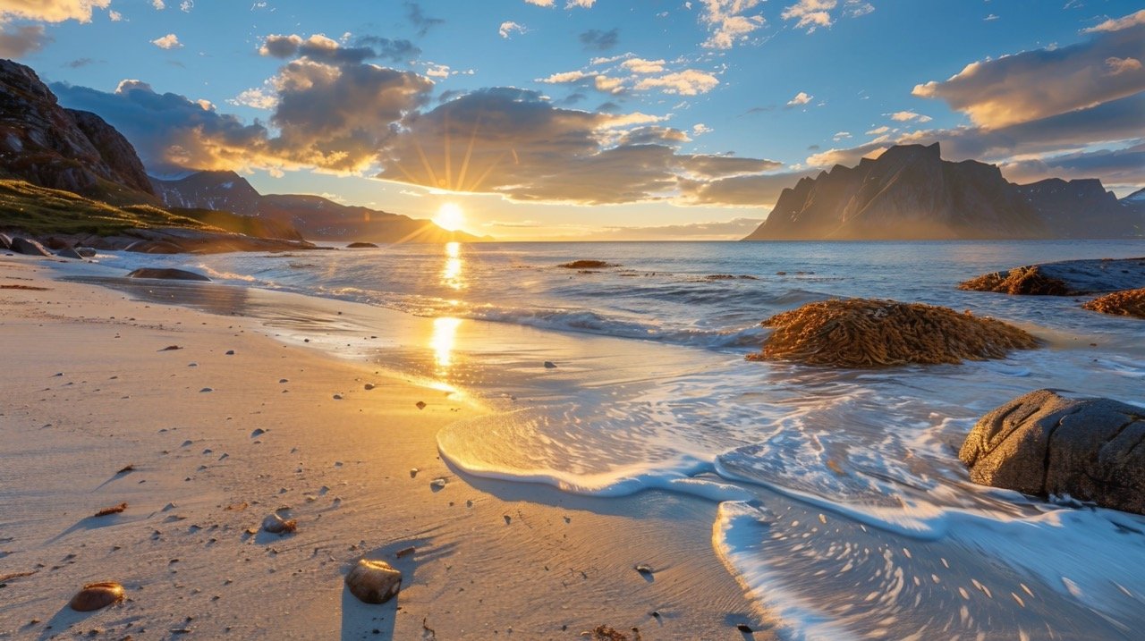 Midnight Sun on Ramberg Beach, Lofoten, Norway – Stock Photo of Golden Light at Night