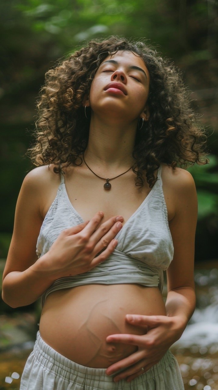 Mindful Breathing in Nature – Stock Photo of Woman Counting Breaths with Hands on Belly and Fingers