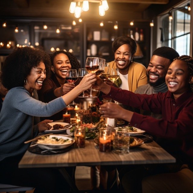 Mixed Race Family Thanksgiving Dinner Stock Photo – Generations Raising Glasses for a Toast