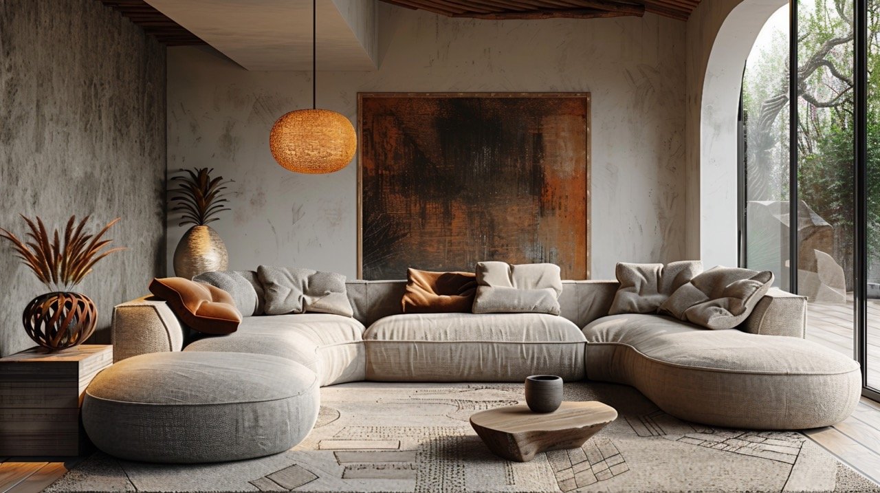 Modern Chic Living Room with Curved Sofa, Sculptural Lamp, Japandi Elements, and Low Lighting