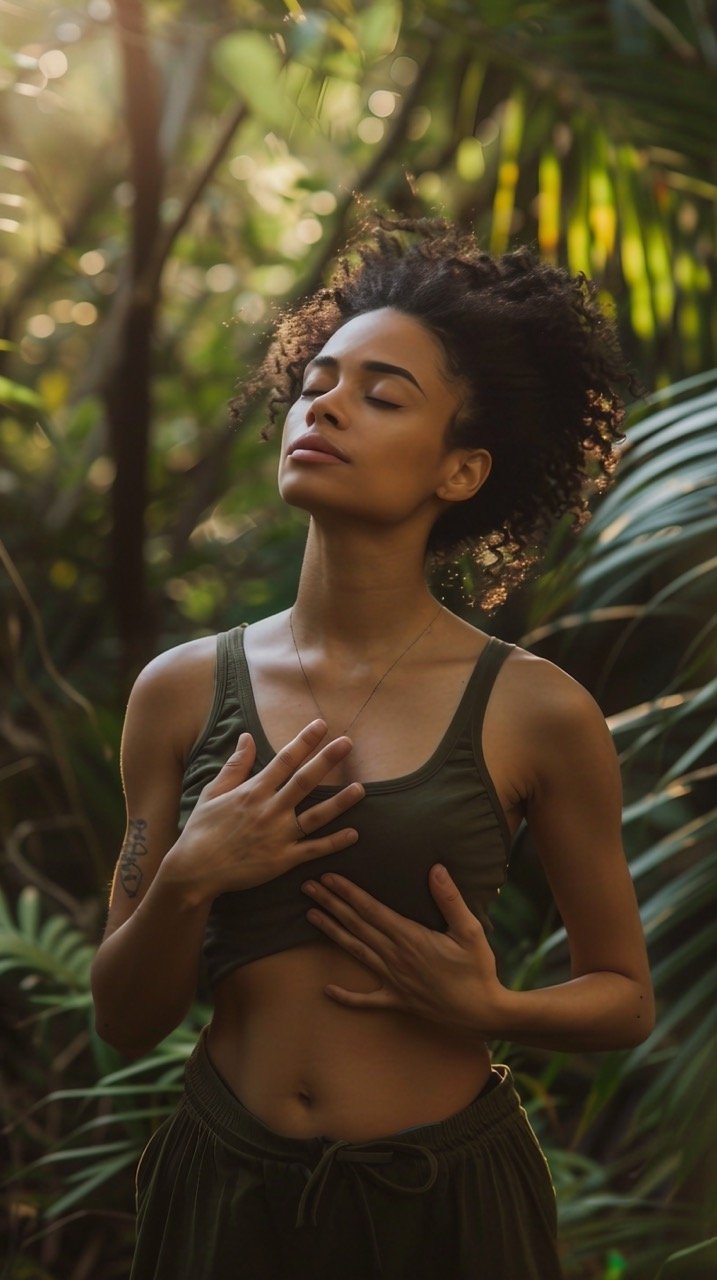 Nature Breathing Exercise – Young Woman with Hand on Belly Counting Breaths – Stock Photo