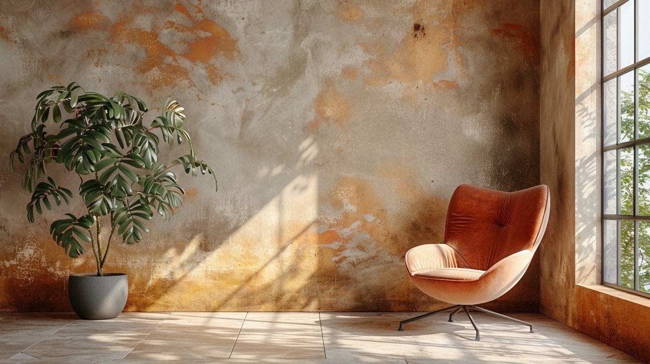 Neutral Interior Wall Mockup Beige Tones, Brown Armchair, 3D Visualization Stock Image