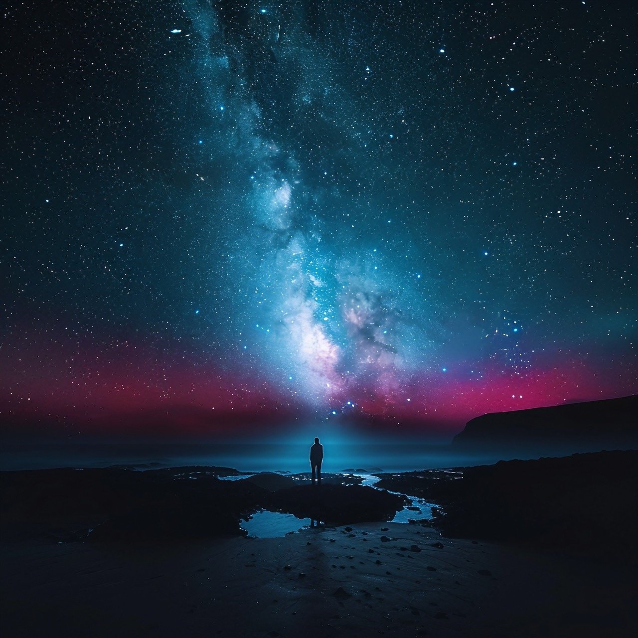 Person in Field Under Starry Night Sky – Stock Image with Nature and Landscape