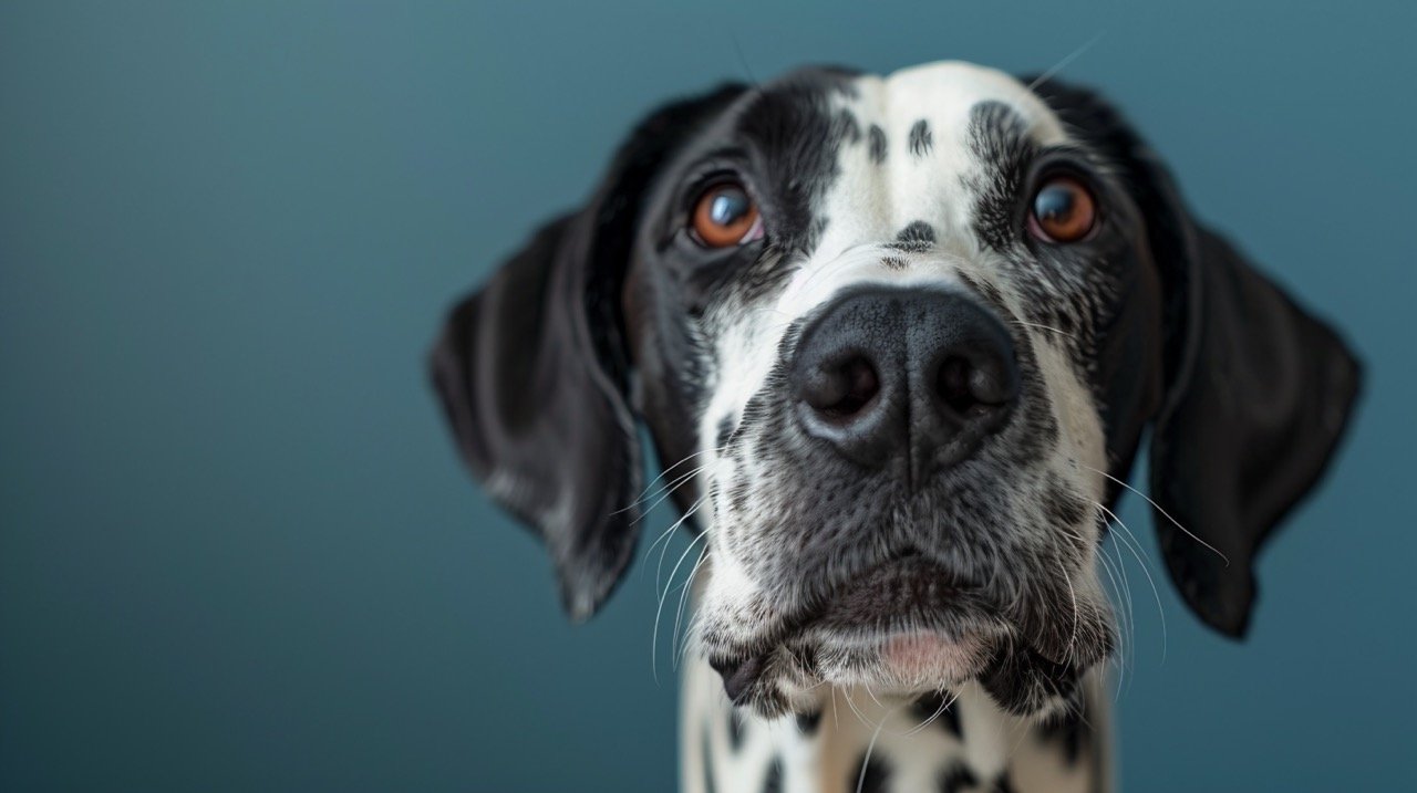 Playful Dalmatian Captivating Stock Image of Dog Licking Nose, Studio Portrait on Blue Background