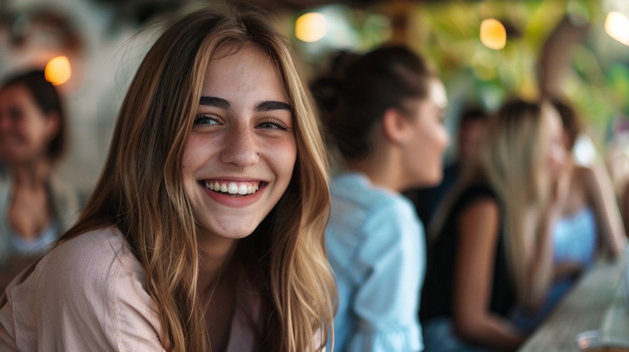 Portrait of Smiling Female with Friends at Social Gathering on Terrace – Stock Photo