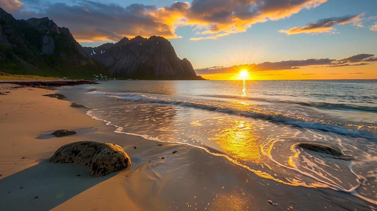 Ramberg Beach, Lofoten, Norway – Stock Photo of Midnight Sun Glow