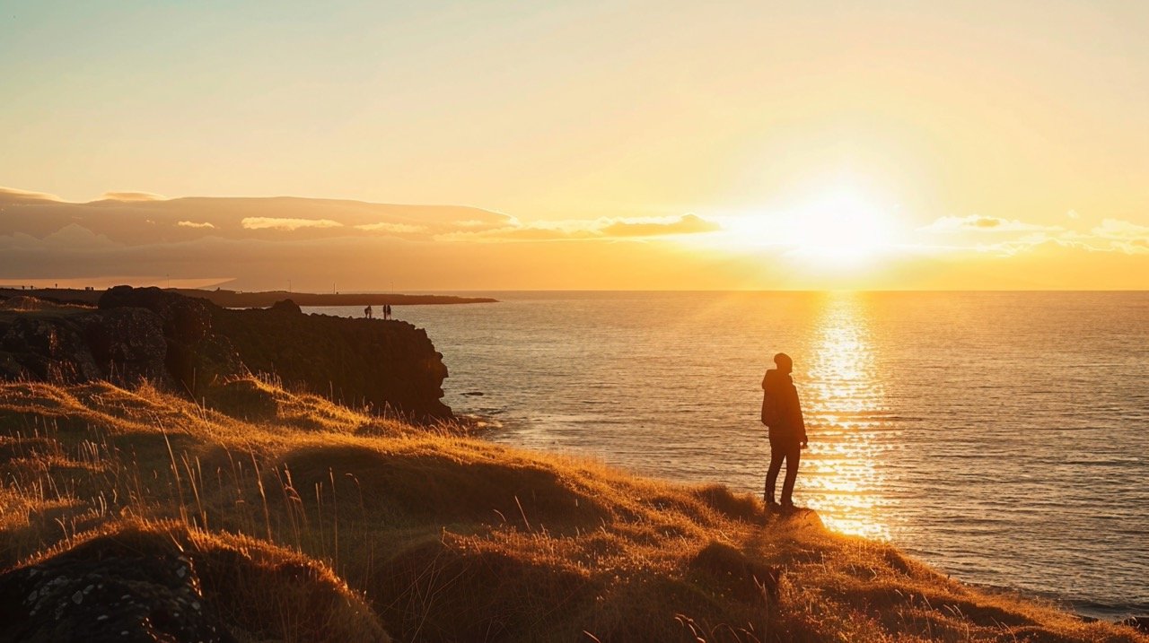 Reykjavik Summer Midnight Sun – Stock Photo by Ocean Shore in Iceland