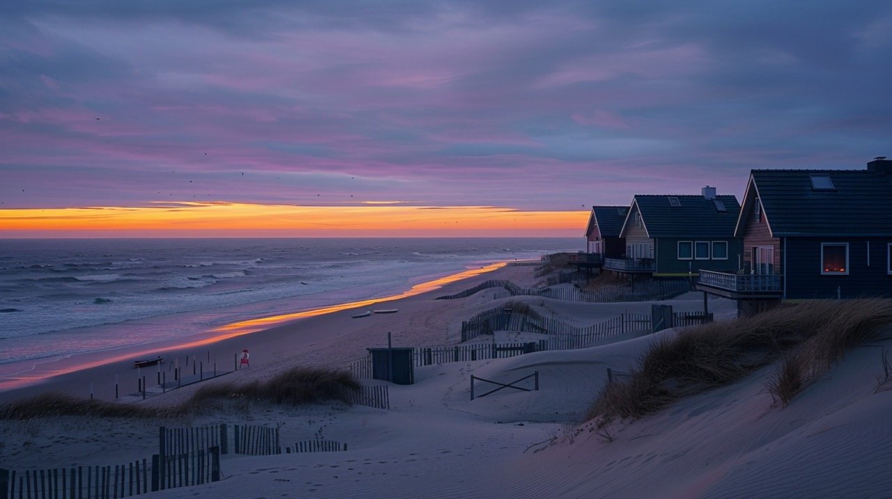 Sandy Beach with Houses – Stock Photo of Seaside and Waves