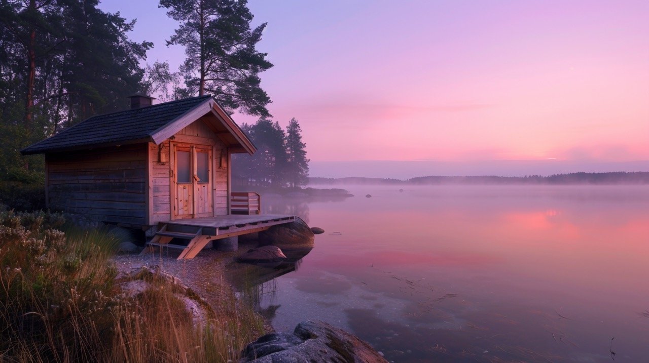 Scenic Sauna Cabin by Foggy Sea at Sunrise – Rymattyla, Finland Stock Photo