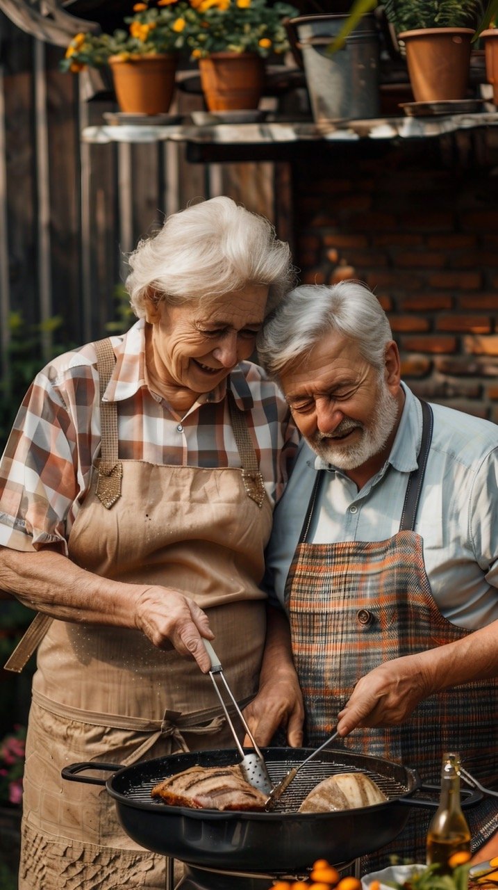 Senior Couple Barbecuing Meat in Their Garden – Heartwarming Stock Image of Family Bonding