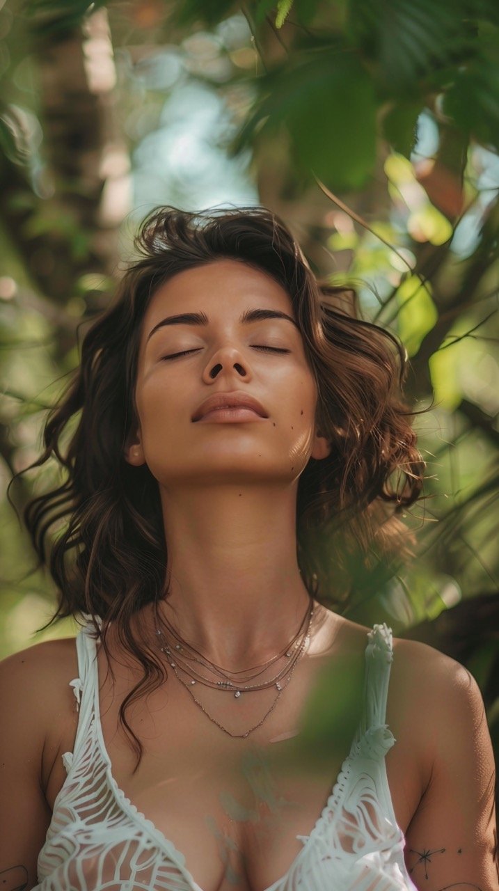 Serene Meditation in Nature – Stock Photo of a Beautiful Woman with Eyes Closed