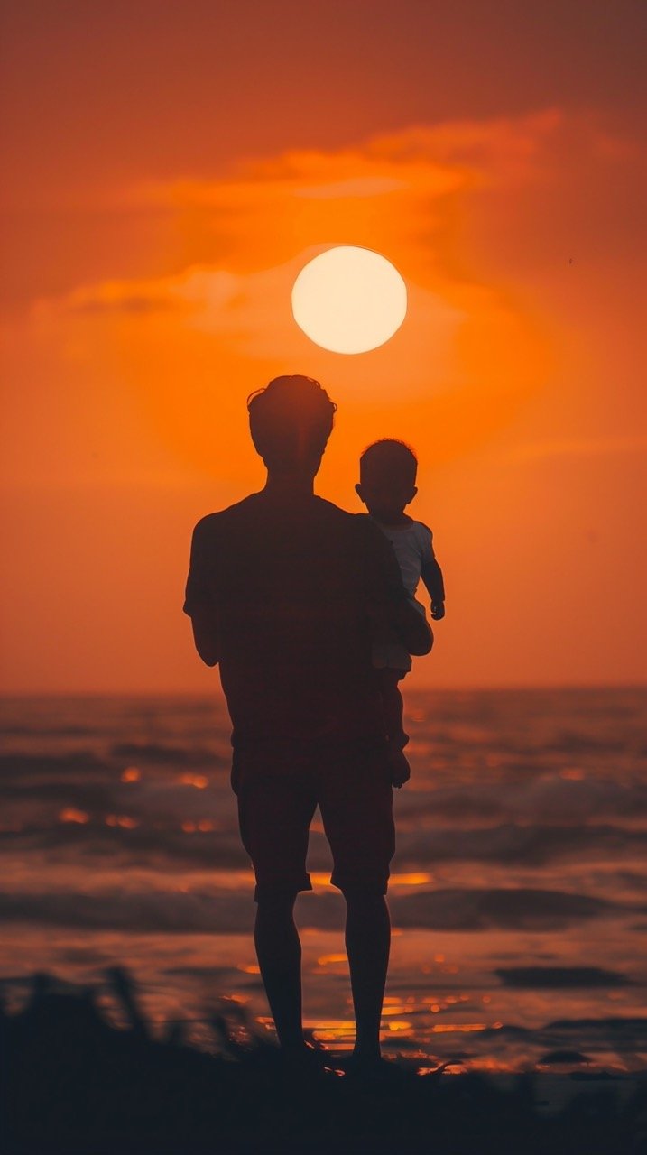 Silhouette of Dad Holding Baby at Sunset – Joyful Stock Photo of Family Love