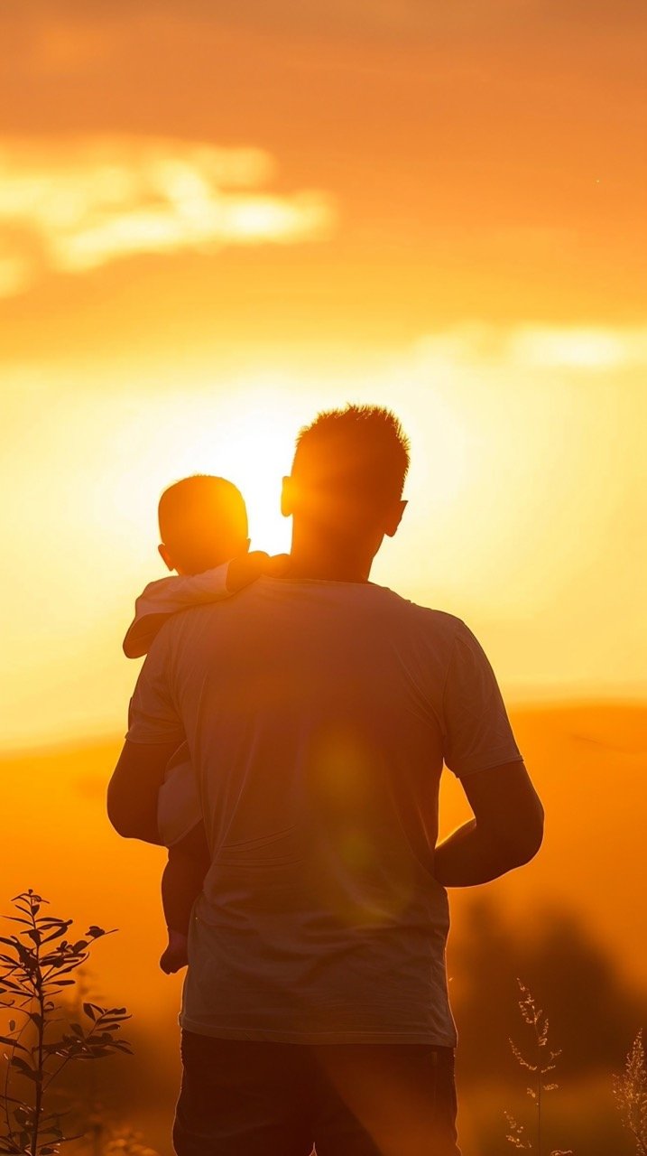 Silhouette of Father Carrying Baby in Golden Hour – Perfect Stock Image of Sunset Family Joy