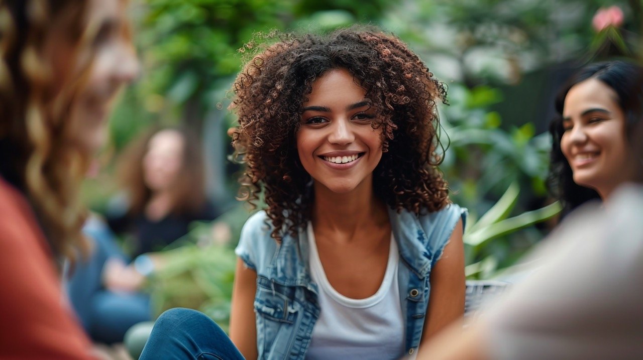 Smiling Female and Friends in Portrait at Terrace Social Event – Stock Photo