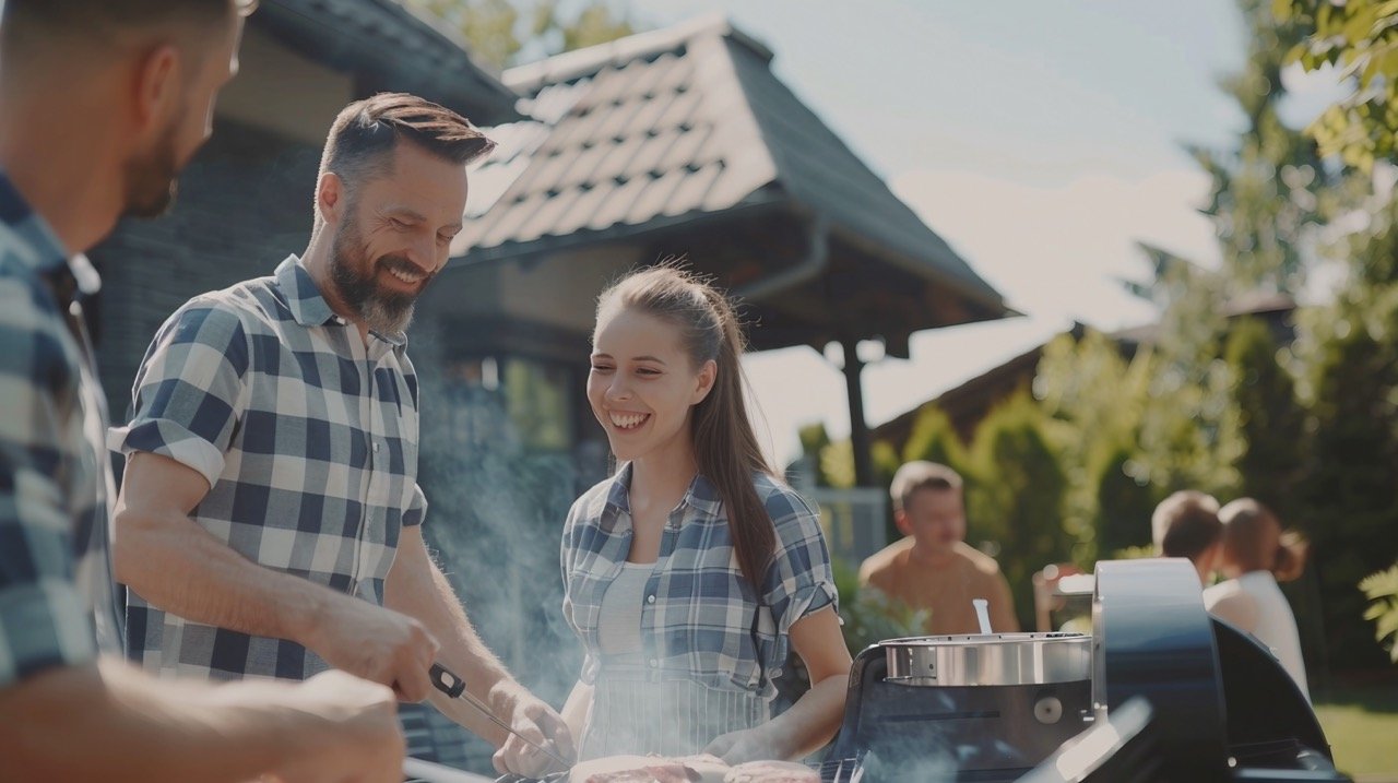 Smiling Group of Friends at Asado Party – Stock Photo of Barbecue Grill Gathering