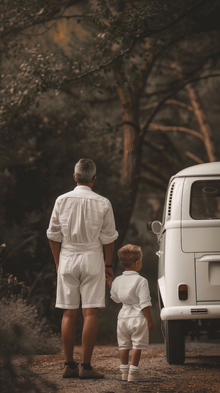 Son with Dad in White Shirt by Vehicle – Family Bonding Stock Image