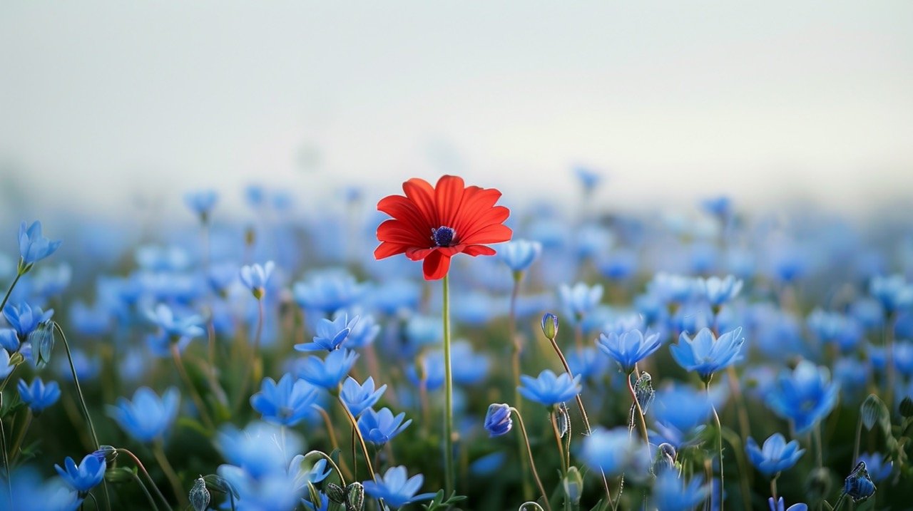 Stock Image of Red Flower in Blue Flowers Field – Nature Perspective