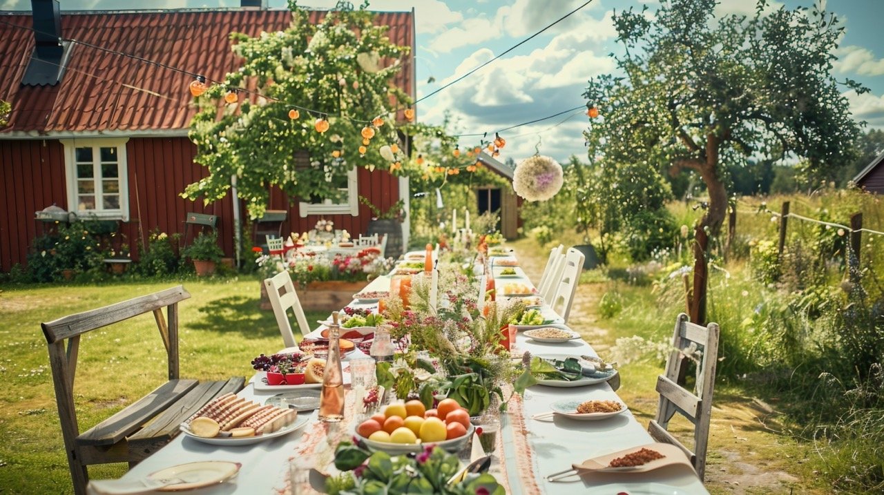 Stock Photo of Swedish Midsummer Celebration Dinner Party – Swedish Summer Event