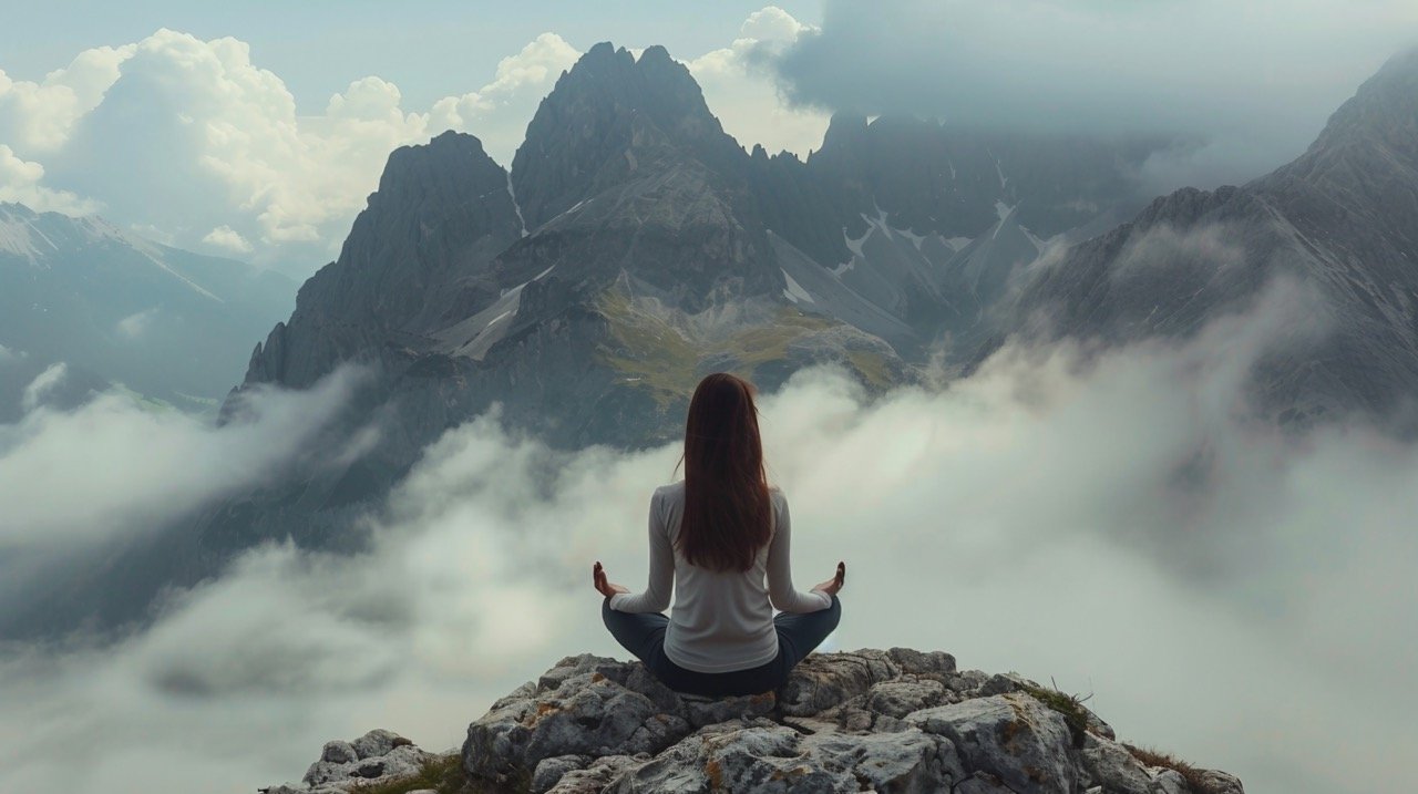 Stock Photo of Yoga Meditation – Woman Meditating in Cloudy Mountains