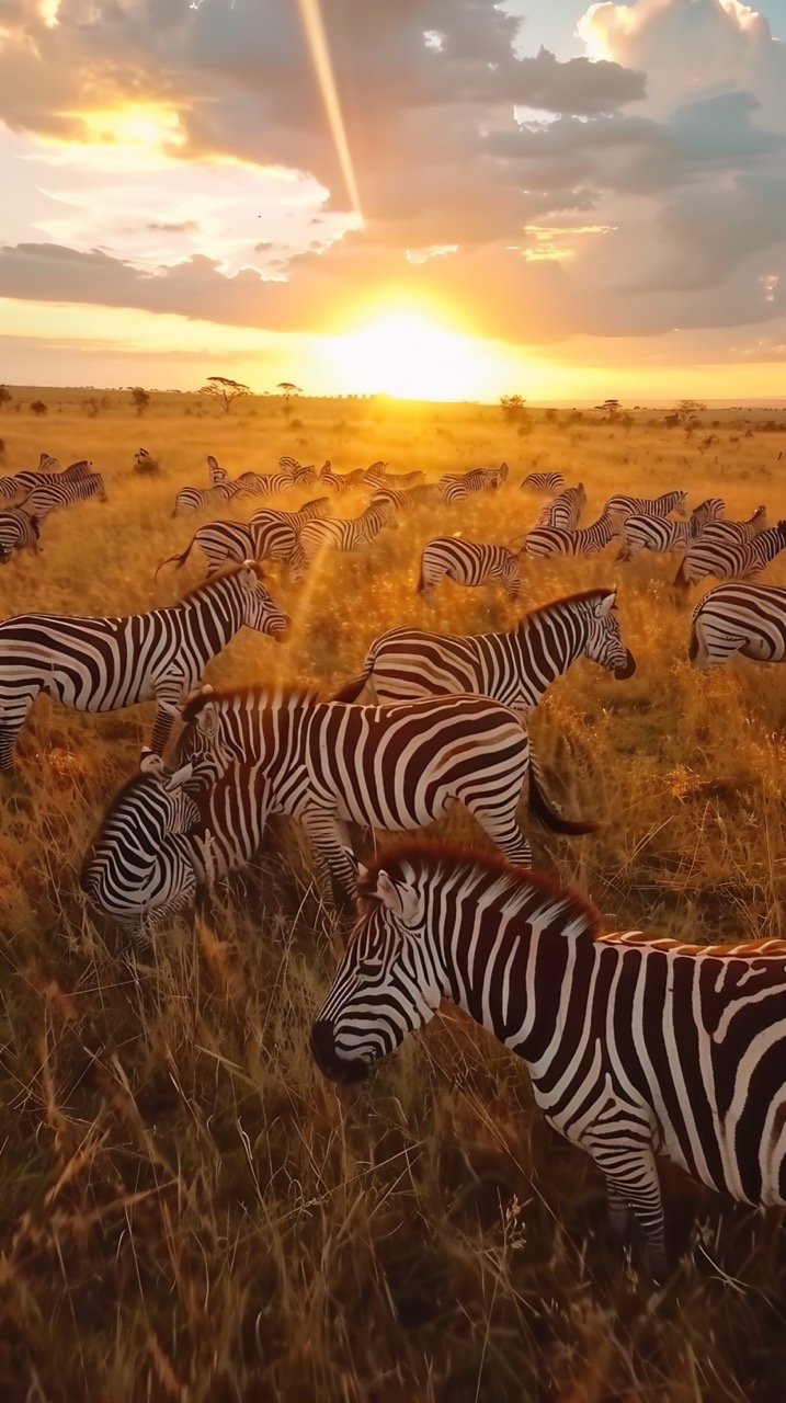 Stock Photo of Zebra Herd in Masai Mara During Golden Hour – Grazing Wildlife Safari