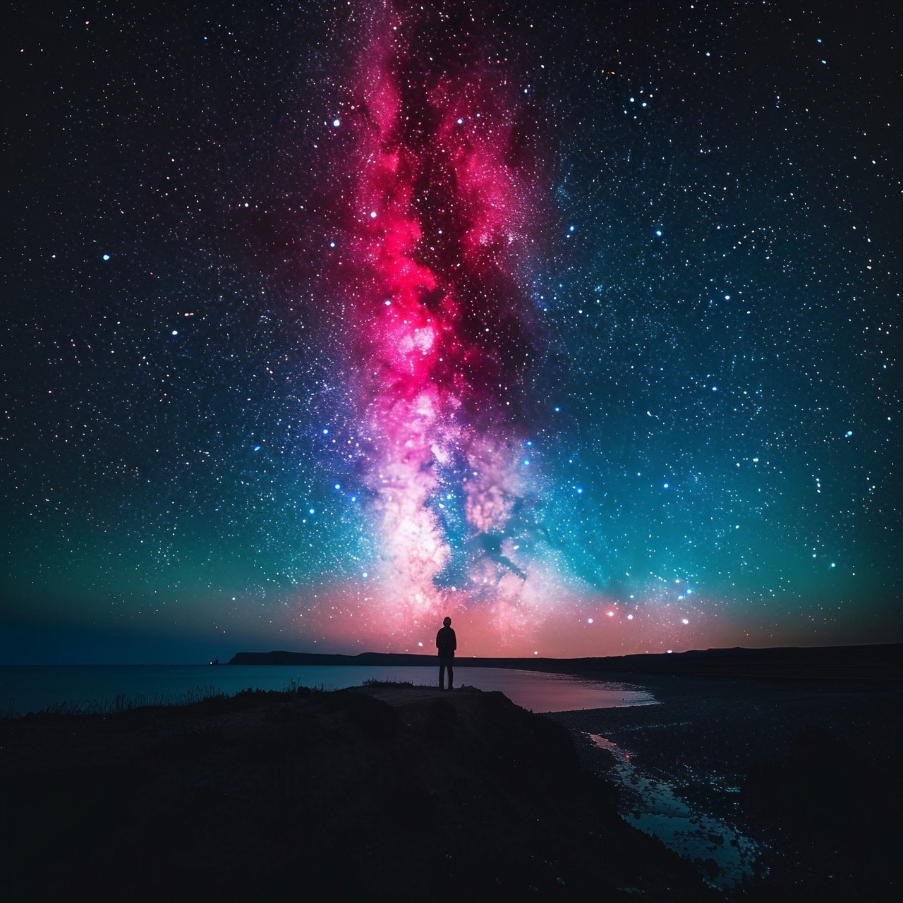 Stock Photo of a Person in a Field Under Starry Night Sky – Outdoors and Nature