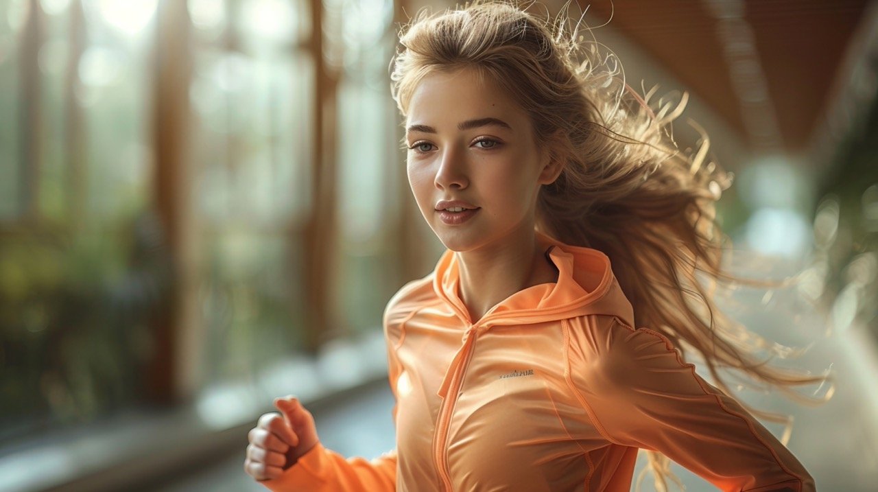 Stylish Female Runner in Professional Studio Running Pose – Stock Photo for Health and Fitness