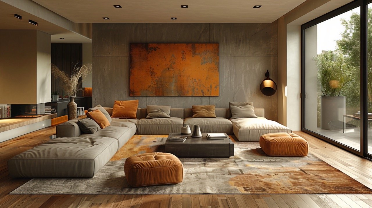 Stylish Living Room Design 3D Render Stock Photo of Modern Interior with Digital Tablet, Sofa, Apartment Layout