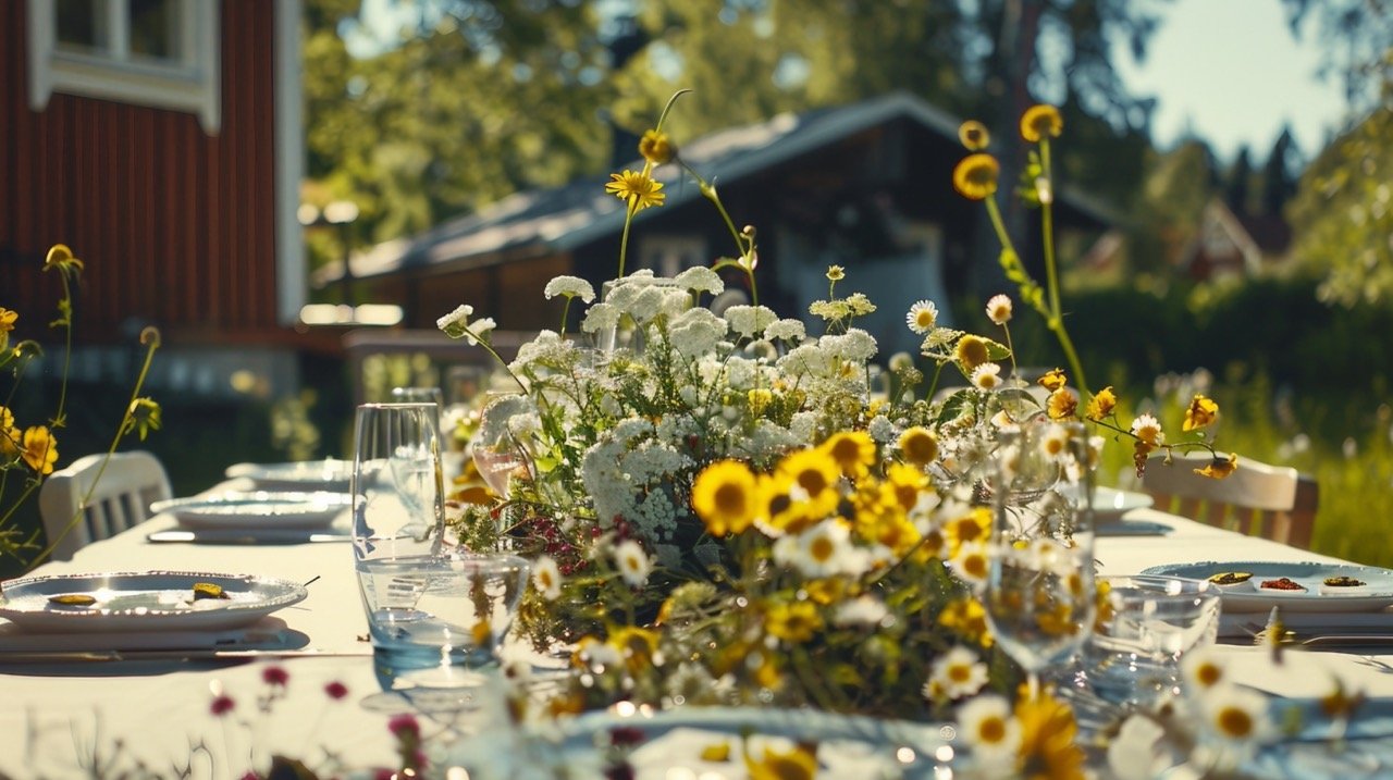 Swedish Midsummer Celebration Dinner – Stock Photo of Midsommar Gathering