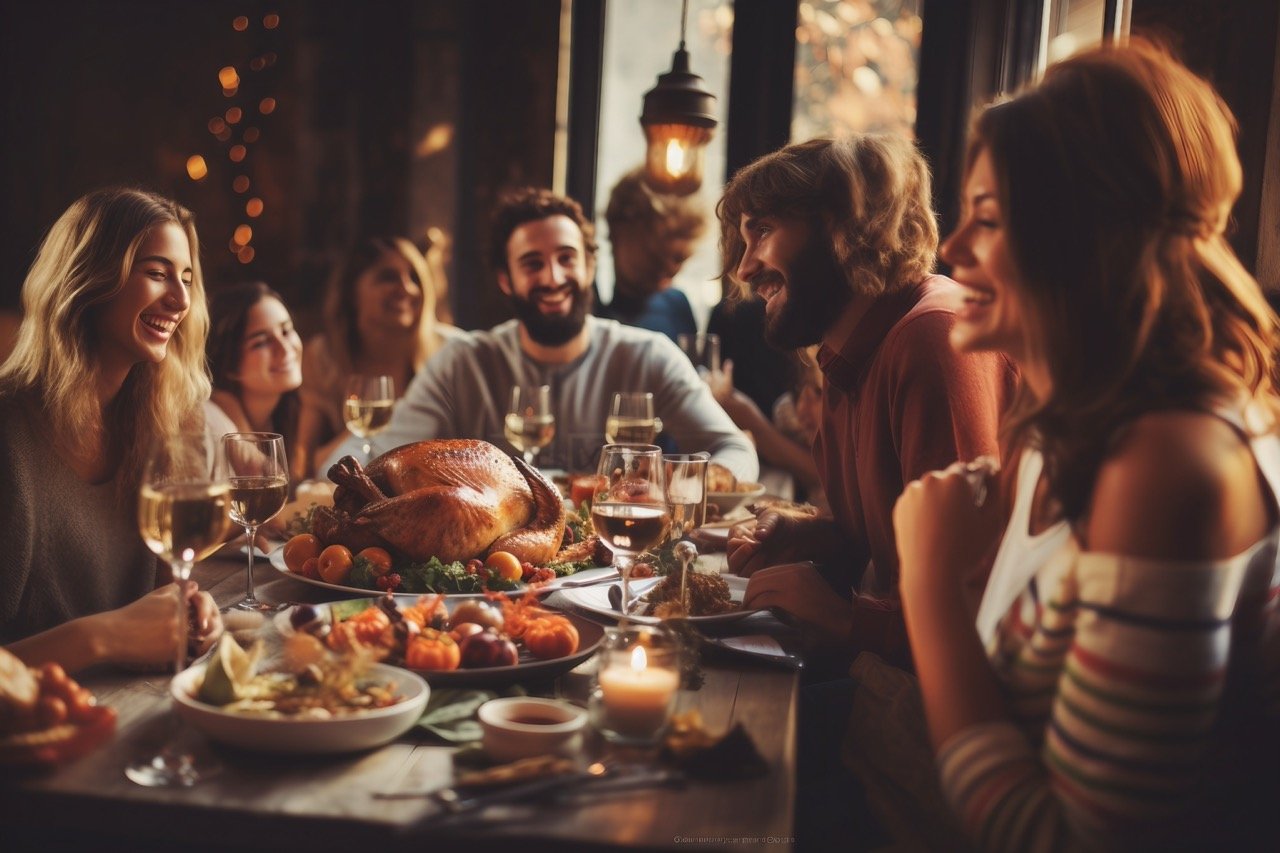 Thanksgiving Holiday Celebration Stock Photo – People Talking and Enjoying Festive Meal