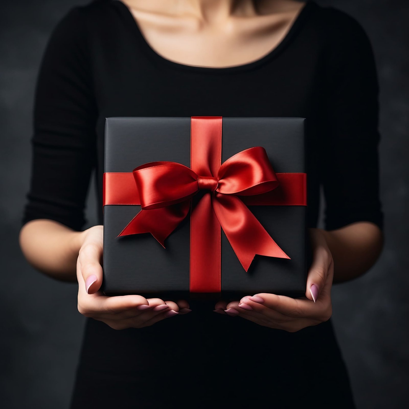 The Black Friday Sale is captured in this image, with a woman’s hand presenting a black gift box adorned with a red bow, all against a black background