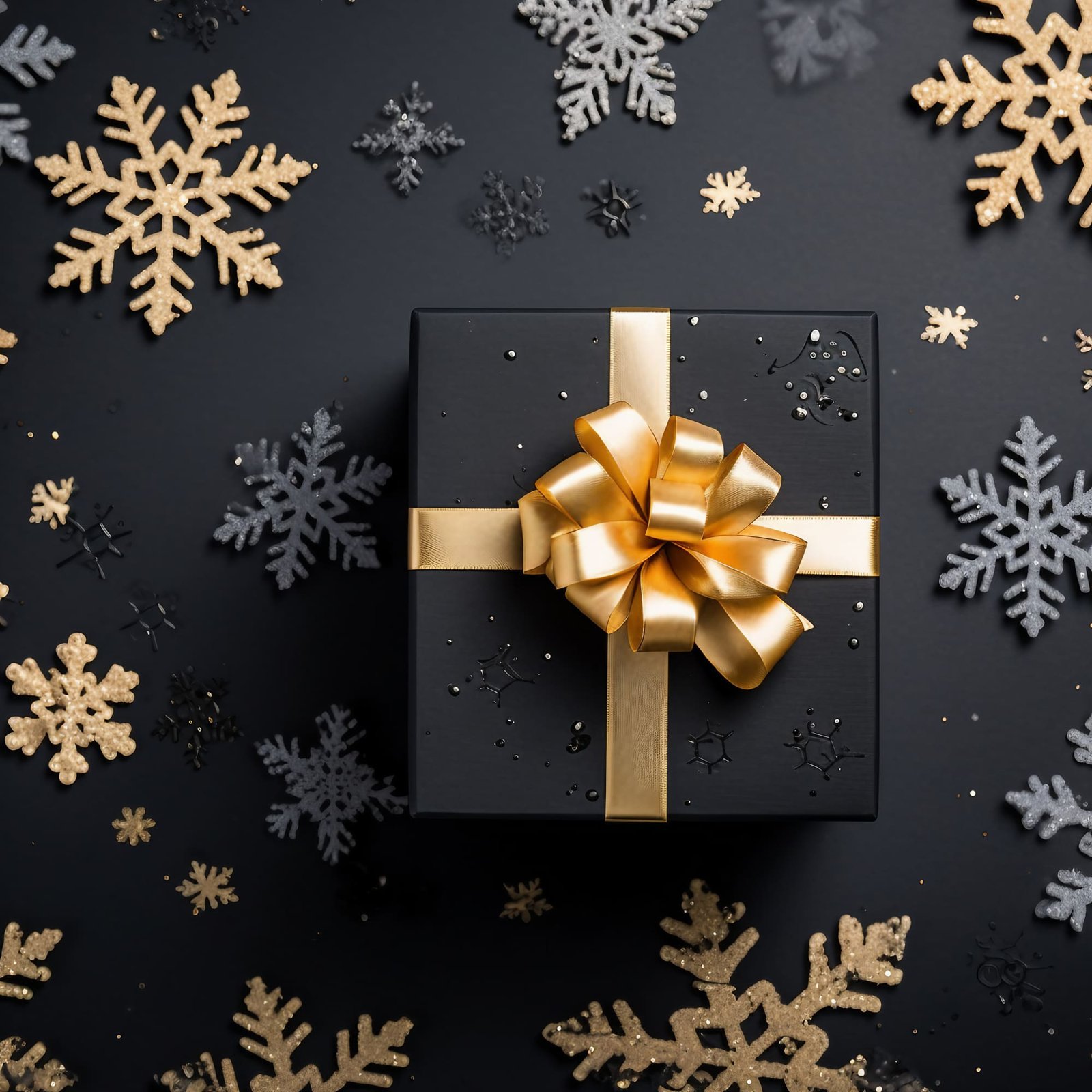 The stock photo offers a top view of a Black Friday Christmas gift box and an elegant golden snowflake