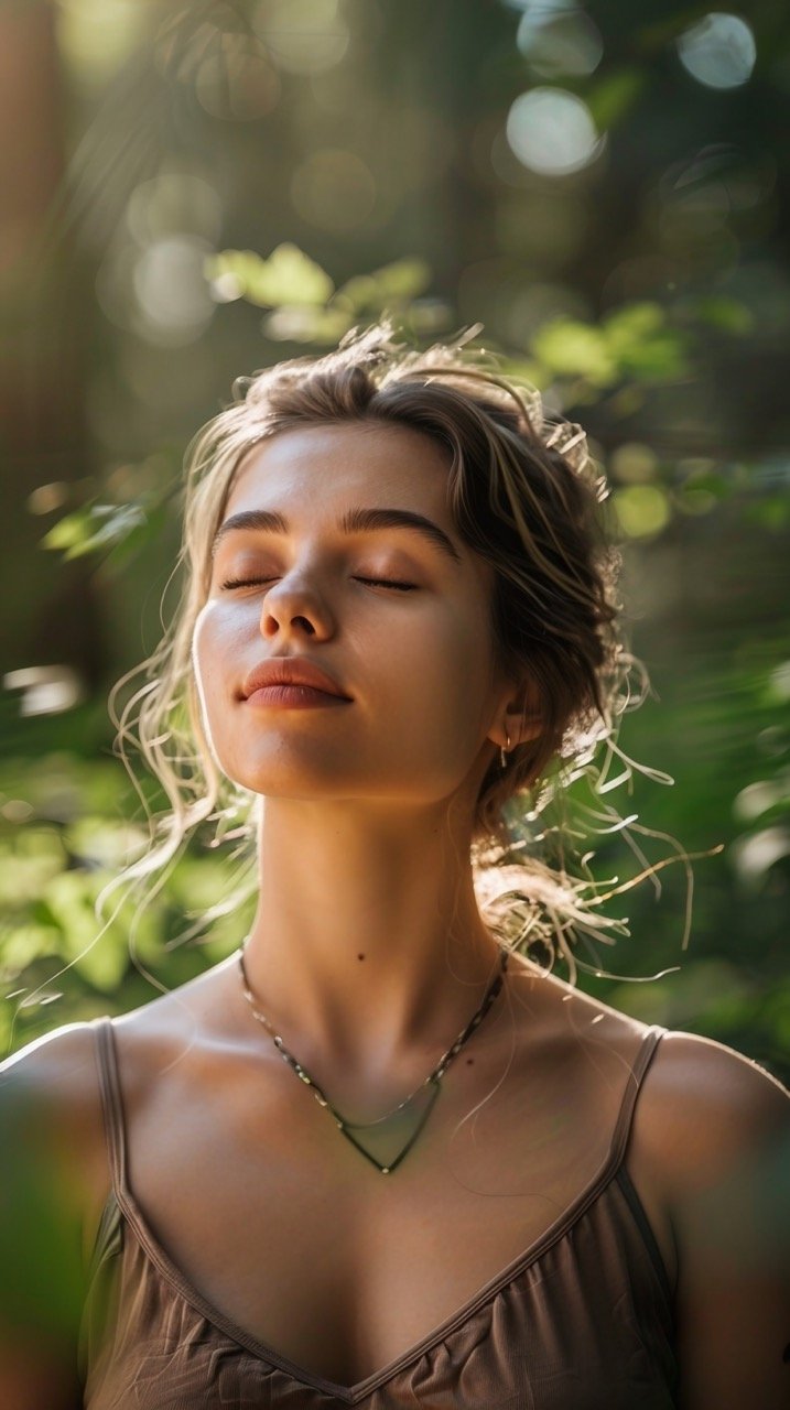 Tranquil Nature Meditation – Beautiful Woman Meditating with Eyes Closed, Outdoor Stock Photo