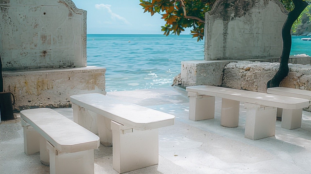 White Benches in a Room – Stock Photography of Vacation, Drink, and Travel