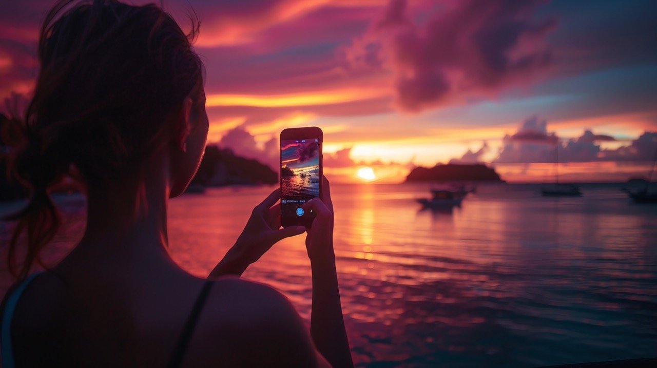 Woman Taking Sunset Picture on Phone – Stock Photography