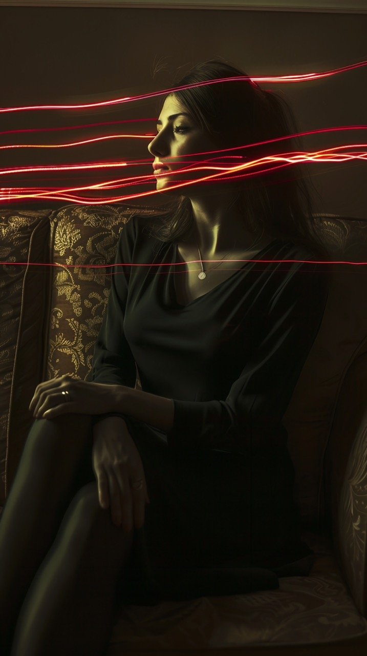 Woman on Sofa with Laser Trails in Dark Background Full-Body Portrait