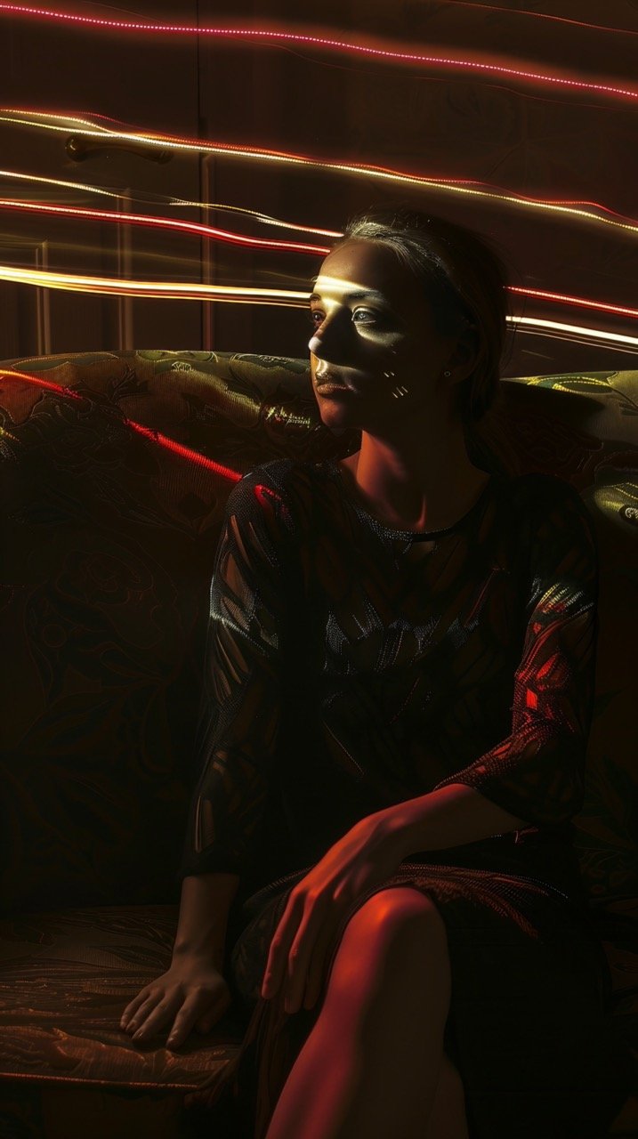 Woman’s Full-Body Portrait on Sofa with Laser Effects in Dark Background