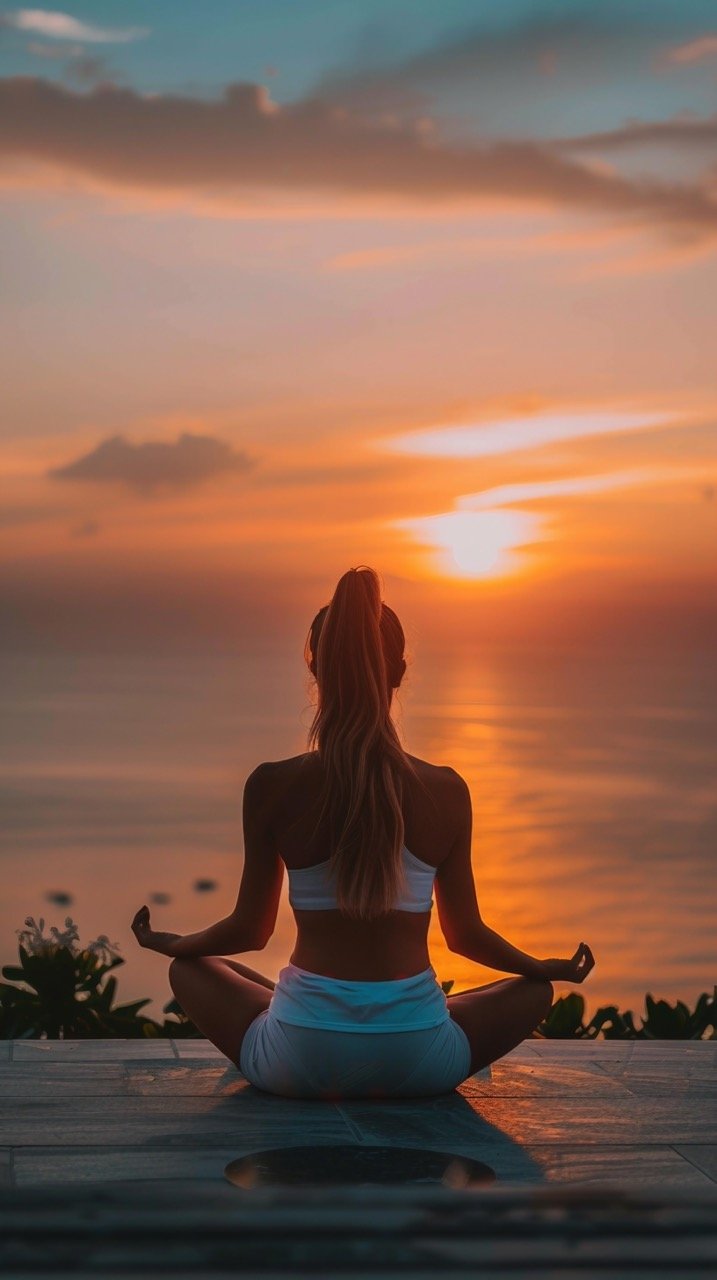 Yoga Practice at Sunset with Sea View – Stock Photo of Woman in Lotus Position